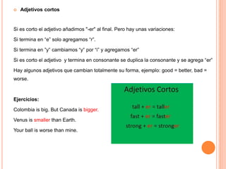  Adjetivos cortos
Si es corto el adjetivo añadimos "-er" al final. Pero hay unas variaciones:
Si termina en “e” solo agregamos “r”.
Si termina en ”y” cambiamos “y” por “i” y agregamos “er”
Si es corto el adjetivo y termina en consonante se duplica la consonante y se agrega “er”
Hay algunos adjetivos que cambian totalmente su forma, ejemplo: good = better, bad =
worse.
Ejercicios:
Colombia is big. But Canada is bigger.
Venus is smaller than Earth.
Your ball is worse than mine.
 