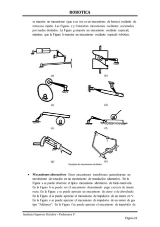 ROBOTICA
Instituto Superior Octubre – Pedernera V.
Página 22
se muestra un mecanismo (que a su vez es un mecanismo de barras) oscilante de
retroceso rápido. Las Figuras e y f muestran mecanismos oscilantes accionados
por ruedas dentadas. La Figura g muestra un mecanismo oscilante espacial,
mientras que la Figura h muestra un mecanismo oscilante espacial robótico.
 Mecanismos alternativos: Estos mecanismos transforman generalmente un
movimiento de rotación en un movimiento de translación alternativo. En la
Figura a se puede observar el típico mecanismo alternativo de biela-manivela.
En la Figura b se puede ver el mecanismo denominado yugo escocés de ranura
recta. En la Figura c se puede apreciar un mecanismo de cierre o de abrochado.
En la Figura d se puede apreciar el mecanismo de impulsión de un motor en V.
En la Figura e se puede apreciar el mecanismo de impulsión de un motor de gas
tipo “Atkinson”. En la Figura f se puede apreciar el mecanismo de impulsión de
 