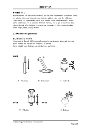 ROBOTICA
Instituto Superior Octubre – Pedernera V.
Página 26
Unidad nº 2
Mecánicamente, un robot está constituido por una seria de elementos o eslabones unidos
por articulaciones que le permiten movimiento relativo entre cada dos eslabones
consecutivos. La conformación física de la mayoría de los robot industriales tienen
ciertas similitudes con la anatomía del brazo humano, por lo que en ocasiones, para
hacer referencia a los distintos elementos que componen el robot, se usan términos
como cuerpo, brazo, codo y muñeca.
2.1 Definiciones generales
2.1.1 Grados de libertad
Los grados de libertad (GDL) son cada uno de los movimientos independientes que
puede realizar una articulación respecto a la anterior.
Suele coincidir con el número de articulaciones del robot.
1 GDL
P – Prismática R – Rotacional H – Helicoidal
2 GDL 3 GDL
C – Cilíndrica E - Esférica
 
