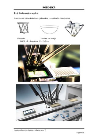 ROBOTICA
Instituto Superior Octubre – Pedernera V.
Página 31
2.1.6 Configuración paralela
Posee brazos con articulaciones prismáticas o rotacionales concurrentes.
Estructura Volumen de trabajo
1 GDL - P – Prismática E – Esférica
 