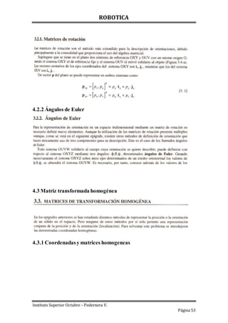 ROBOTICA
Instituto Superior Octubre – Pedernera V.
Página 53
4.2.2 Ángulos de Euler
4.3 Matriz transformada homogénea
4.3.1 Coordenadasy matrices homogeneas
 