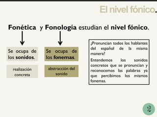 Elnivelfónico.
1
Fonética y Fonología estudian el nivel fónico.
Se ocupa de
los sonidos.
Se ocupa de
los fonemas.
realización
concreta
abstracción del
sonido
¿Pronuncian todos los hablantes
del español de la misma
manera?
Entendemos los sonidos
concretos que se pronuncian y
reconocemos las palabras ya
que percibimos los mismos
fonemas.
2
 
