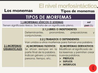 Los monemas
Elnivelmorfosintáctico.
Tipos de monemas
2
 