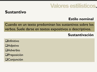 1
Sustantivo
Cuando en un texto predominan los sustantivos sobre los
verbos. Suele darse en textos expositivos o descriptivos.
Infinitivo
Adjetivo
Adverbio
Preposición
Conjunción
Estilo nominal
Valoresestilísticos.
Sustantivación
 