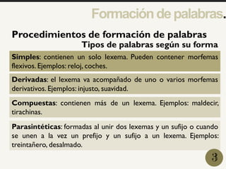 1
Procedimientos de formación de palabras
Simples: contienen un solo lexema. Pueden contener morfemas
flexivos. Ejemplos: reloj, coches.
Derivadas: el lexema va acompañado de uno o varios morfemas
derivativos. Ejemplos: injusto, suavidad.
Compuestas: contienen más de un lexema. Ejemplos: maldecir,
tirachinas.
Parasintéticas: formadas al unir dos lexemas y un sufijo o cuando
se unen a la vez un prefijo y un sufijo a un lexema. Ejemplos:
treintañero, desalmado.
3
Formacióndepalabras.
Tipos de palabras según su forma
 