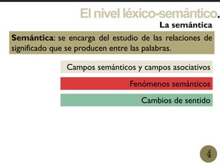Elnivelléxico-semántico.
1
La semántica
4
Semántica: se encarga del estudio de las relaciones de
significado que se producen entre las palabras.
Campos semánticos y campos asociativos
Fenómenos semánticos
Cambios de sentido
 