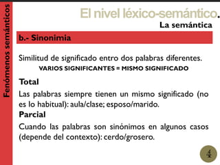Elnivelléxico-semántico.
1
La semántica
4
Fenómenossemánticos
b.- Sinonimia
Similitud de significado entro dos palabras diferentes.
VARIOS SIGNIFICANTES = MISMO SIGNIFICADO
Total
Las palabras siempre tienen un mismo significado (no
es lo habitual): aula/clase; esposo/marido.
Parcial
Cuando las palabras son sinónimos en algunos casos
(depende del contexto): cerdo/grosero.
 