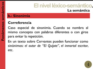 Elnivelléxico-semántico.
1
La semántica
4
Fenómenossemánticos
b.- Sinonimia
Correferencia
Caso especial de sinonimia. Cuando se nombra al
mismo concepto con palabras diferentes o con giros
para evitar la repetición.
En un texto sobre Cervantes pueden funcionar como
sinónimos: el autor de “El Quijote”, el inmortal escritor,
etc.
 