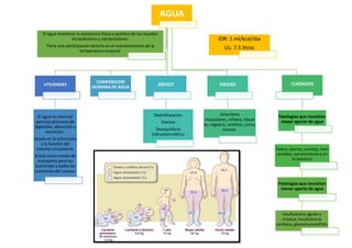 AGUA
UTILIDADES
El agua es esencial
para los procesos de
digestión, absorción y
excreción.
Ayuda en la estructura
y la función del
sistema circulatorio.
Actúa como medio de
transporte para los
nutrientes y todas las
sustancias del cuerpo.
COMPOSICION
HUMANA DE AGUA
DEFICIT
Deshidratacion
Diarrea
Desequilibrio
hidroelectrolitico
EXCESO
Calambres
musculares, cefalea, náuse
as, ceguera, vómitos, convu
lsiones.
CUIDADOS
Patologias que necesitan
mayor aporte de agua
Fiebre, diarrea, vomitos, hem
orroides, estrenimiento y en
la lactancia
Patologias que necesitan
menor aporte de agua
Insuficiencia aguda y
cronica, Insuficiencia
cardiaca, glomerunonefritis
El agua mantiene la constancia física y química de los líquidos
intracelulares y extracelulares.
Tiene una participación directa en el mantenimiento de la
temperatura corporal.
IDR: 1 ml/kcal/dia
UL: 7.5 litros
 