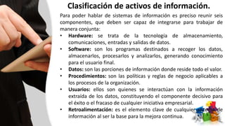 Clasificación de activos de información.
Para poder hablar de sistemas de información es preciso reunir seis
componentes, que deben ser capaz de integrarse para trabajar de
manera conjunta:
• Hardware: se trata de la tecnología de almacenamiento,
comunicaciones, entradas y salidas de datos.
• Software: son los programas destinados a recoger los datos,
almacenarlos, procesarlos y analizarlos, generando conocimiento
para el usuario final.
• Datos: son las porciones de información donde reside todo el valor.
• Procedimientos: son las políticas y reglas de negocio aplicables a
los procesos de la organización.
• Usuarios: ellos son quienes se interactúan con la información
extraída de los datos, constituyendo el componente decisivo para
el éxito o el fracaso de cualquier iniciativa empresarial.
• Retroalimentación: es el elemento clave de cualquier sistema de
información al ser la base para la mejora continua.
 