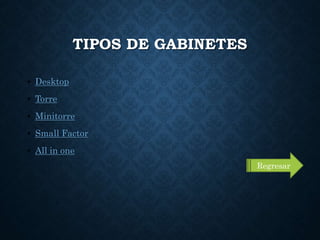 TIPOS DE GABINETES
• Desktop
• Torre
• Minitorre
• Small Factor
• All in one
Regresar
 