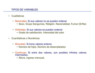 • Cualitativas
• Nominales: Si sus valores no se pueden ordenar
• Sexo, Grupo Sanguíneo, Religión, Nacionalidad, Fumar (Sí/No)
• Ordinales: Si sus valores se pueden ordenar
• Grado de satisfacción, Intensidad del color
• Cuantitativas o Numéricas
• Discretas: Si toma valores enteros
• Número de hijos, Número de desempleados
• Continuas: Si entre dos valores, son posibles infinitos valores
intermedios.
• Altura, ingreso mensual,
TIPOS DE VARIABLES
 