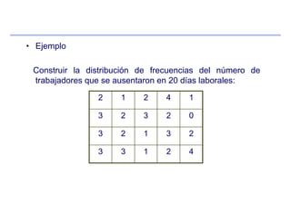 • Ejemplo
Construir la distribución de frecuencias del número de
trabajadores que se ausentaron en 20 días laborales:
42133
23123
02323
14212
 