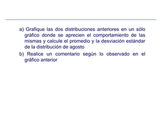 a) Grafique las dos distribuciones anteriores en un sólo
gráfico donde se aprecien el comportamiento de las
mismas y calcule el promedio y la desviación estándar
de la distribución de agosto
b) Realice un comentario según lo observado en el
gráfico anterior
 