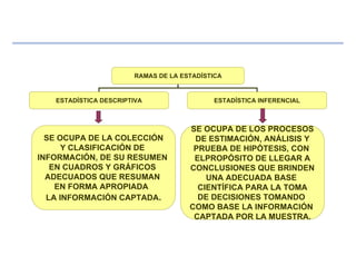 RAMAS DE LA ESTADÍSTICA
ESTADÍSTICA DESCRIPTIVA ESTADÍSTICA INFERENCIAL
SE OCUPA DE LA COLECCIÓN
Y CLASIFICACIÓN DE
INFORMACIÓN, DE SU RESUMEN
EN CUADROS Y GRÁFICOS
ADECUADOS QUE RESUMAN
EN FORMA APROPIADA
LA INFORMACIÓN CAPTADA.
SE OCUPA DE LOS PROCESOS
DE ESTIMACIÓN, ANÁLISIS Y
PRUEBA DE HIPÓTESIS, CON
ELPROPÓSITO DE LLEGAR A
CONCLUSIONES QUE BRINDEN
UNA ADECUADA BASE
CIENTÍFICA PARA LA TOMA
DE DECISIONES TOMANDO
COMO BASE LA INFORMACIÓN
CAPTADA POR LA MUESTRA.
 