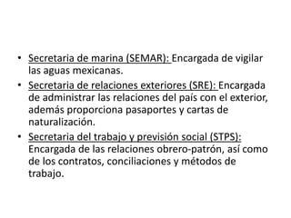 • Secretaria de marina (SEMAR): Encargada de vigilar
las aguas mexicanas.
• Secretaria de relaciones exteriores (SRE): Encargada
de administrar las relaciones del país con el exterior,
además proporciona pasaportes y cartas de
naturalización.
• Secretaria del trabajo y previsión social (STPS):
Encargada de las relaciones obrero-patrón, así como
de los contratos, conciliaciones y métodos de
trabajo.
 