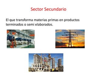 Sector Secundario
El que transforma materias primas en productos
terminados o semi elaborados.
 