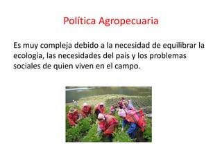 Política Agropecuaria
Es muy compleja debido a la necesidad de equilibrar la
ecología, las necesidades del país y los problemas
sociales de quien viven en el campo.
 