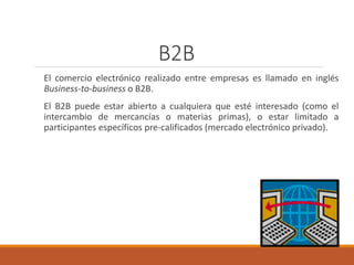 B2B
El comercio electrónico realizado entre empresas es llamado en inglés
Business-to-business o B2B.
El B2B puede estar abierto a cualquiera que esté interesado (como el
intercambio de mercancías o materias primas), o estar limitado a
participantes específicos pre-calificados (mercado electrónico privado).
 