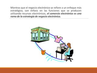 Mientras que el negocio electrónico se refiere a un enfoque más
estratégico, con énfasis en las funciones que se producen
utilizando recursos electrónicos, el comercio electrónico es una
rama de la estrategia de negocio electrónico.
 