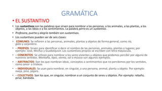 GRAMÁTICA
• EL SUSTANTIVO
• Los sustantivos son las palabras que sirven para nombrar a las personas, a los animales, a las plantas, a los
objetos, a las ideas o a los sentimientos. La palabra perro es un sustantivo.
• Profesora, puerta y alegría también son sustantivos.
• Los sustantivos pueden ser de seis clases:
• COMUNES: Se refieren a las personas, animales, plantas y objetos de forma general, como río,
gato y carpintero.
• – PROPIOS: Sirven para identificar o decir el nombre de las personas, animales, plantas o lugares; por
ejemplo: José, Micifuz y Guadalquivir. Los sustantivos propios se escriben con letra mayúscula.
• – CONCRETOS: Se utilizan para nombrar a los seres vivientes u objetos que podemos percibir por alguno de
nuestros sentidos. Montaña, lápiz, viento, sal o música son algunos ejemplos.
• – ABSTRACTOS: Son los que nombran ideas, conceptos o sentimientos que no percibimos por los sentidos,
como amor o tristeza.
• – INDIVIDUALES: Se usan para nombrar, en singular, a una persona, animal, planta u objeto. Por ejemplo:
oveja, pino, pájaro.
• – COLECTIVOS: Son los que, en singular, nombran a un conjunto de seres u objetos. Por ejemplo: rebaño,
pinar, bandada.
 