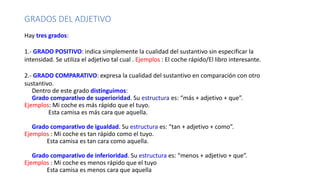 GRADOS DEL ADJETIVO
Hay tres grados:
1.- GRADO POSITIVO: indica simplemente la cualidad del sustantivo sin especificar la
intensidad. Se utiliza el adjetivo tal cual . Ejemplos : El coche rápido/El libro interesante.
2.- GRADO COMPARATIVO: expresa la cualidad del sustantivo en comparación con otro
sustantivo.
Dentro de este grado distinguimos:
Grado comparativo de superioridad. Su estructura es: “más + adjetivo + que”.
Ejemplos: Mi coche es más rápido que el tuyo.
Esta camisa es más cara que aquella.
Grado comparativo de igualdad. Su estructura es: “tan + adjetivo + como”.
Ejemplos : Mi coche es tan rápido como el tuyo.
Esta camisa es tan cara como aquella.
Grado comparativo de inferioridad. Su estructura es: “menos + adjetivo + que”.
Ejemplos : Mi coche es menos rápido que el tuyo
Esta camisa es menos cara que aquella
 