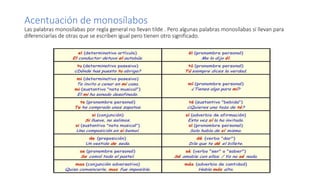 Acentuación de monosílabos
Las palabras monosílabas por regla general no llevan tilde . Pero algunas palabras monosílabas sí llevan para
diferenciarlas de otras que se escriben igual pero tienen otro significado.
 