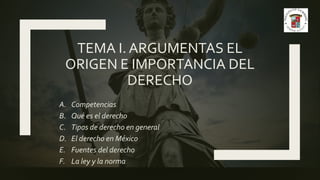 TEMA I. ARGUMENTAS EL
ORIGEN E IMPORTANCIA DEL
DERECHO
A. Competencias
B. Qué es el derecho
C. Tipos de derecho en general
D. El derecho en México
E. Fuentes del derecho
F. La ley y la norma
 