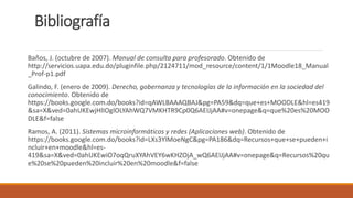 Bibliografía
Baños, J. (octubre de 2007). Manual de consulta para profesorado. Obtenido de
http://servicios.uapa.edu.do/pluginfile.php/2124711/mod_resource/content/1/1Moodle18_Manual
_Prof-p1.pdf
Galindo, F. (enero de 2009). Derecho, gobernanza y tecnologías de la información en la sociedad del
conocimiento. Obtenido de
https://books.google.com.do/books?id=qAWLBAAAQBAJ&pg=PA59&dq=que+es+MOODLE&hl=es419
&sa=X&ved=0ahUKEwjHlIOglOLYAhWQ7VMKHTR9Cp0Q6AEIJjAA#v=onepage&q=que%20es%20MOO
DLE&f=false
Ramos, A. (2011). Sistemas microinformáticos y redes (Aplicaciones web). Obtenido de
https://books.google.com.do/books?id=LXs3YlMoeNgC&pg=PA186&dq=Recursos+que+se+pueden+i
ncluir+en+moodle&hl=es-
419&sa=X&ved=0ahUKEwiO7oqQruXYAhVEY6wKHZOjA_wQ6AEIJjAA#v=onepage&q=Recursos%20qu
e%20se%20pueden%20incluir%20en%20moodle&f=false
 