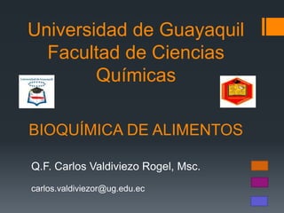 Universidad de Guayaquil
Facultad de Ciencias
Químicas
BIOQUÍMICA DE ALIMENTOS
Q.F. Carlos Valdiviezo Rogel, Msc.
carlos.valdiviezor@ug.edu.ec
 