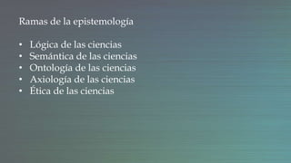 Ramas de la epistemología
• Lógica de las ciencias
• Semántica de las ciencias
• Ontología de las ciencias
• Axiología de las ciencias
• Ética de las ciencias
 