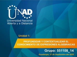PROFUNDIZAR Y CONTEXTUALIZAR EL
CONOCIMIENTO DE EXPRESIONES ALGEBRAICAS
Grupo: 551108_14
Unidad 1:
Guadalupe, 27 de Septiembre del 2020
 
