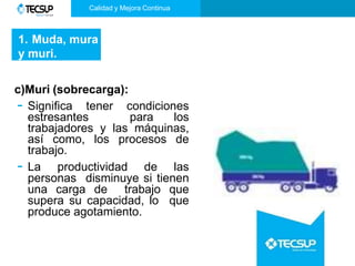 Calidad y Mejora Continua
c)Muri (sobrecarga):
- Significa tener condiciones
estresantes para los
trabajadores y las máquinas,
así como, los procesos de
trabajo.
- La productividad de las
personas disminuye si tienen
una carga de trabajo que
supera su capacidad, lo que
produce agotamiento.
1. Muda, mura
y muri.
 