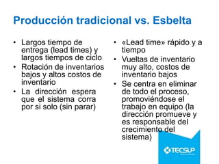 Producción tradicional vs. Esbelta
• Largos tiempo de
entrega (lead times) y
largos tiempos de ciclo
• Rotación de inventarios
bajos y altos costos de
inventario
• La dirección espera
que el sistema corra
por si solo (sin parar)
• «Lead time» rápido y a
tiempo
• Vueltas de inventario
muy alto, costos de
inventario bajos
• Se centra en eliminar
de todo el proceso,
promoviéndose el
trabajo en equipo (la
dirección promueve y
es responsable del
crecimiento del
sistema)
 