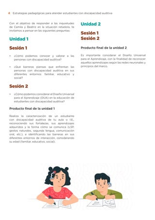 Estrategias pedagógicas para atender estudiantes con discapacidad auditiva
4
Con el objetivo de responder a las inquietudes
de Camila y Beatriz en la situación retadora, te
invitamos a pensar en las siguientes preguntas:
Unidad 1
Sesión 1
•	 ¿Cómo podemos conocer y valorar a las
personas con discapacidad auditiva?
•	 ¿Qué barreras piensas que enfrentan las
personas con discapacidad auditiva en sus
diferentes entornos: familiar, educativo y
social?
Sesión 2
•	 ¿Cómo podemos considerar el Diseño Universal
para el Aprendizaje (DUA) en la educación de
estudiantes con discapacidad auditiva?
Producto final de la unidad 1
Realiza la caracterización de un estudiante
con discapacidad auditiva de tu aula o I.E.,
reconociendo sus fortalezas, sus aprendizajes
adquiridos y la forma cómo se comunica (LSP,
gestos naturales, segunda lengua, comunicación
oral, etc.), e identificando las barreras en sus
diferentes entornos de interacción, considerando
su edad (familiar, educativo, social).
Unidad 2
Sesión 1
Sesión 2
Producto final de la unidad 2
Es importante considerar el Diseño Universal
para el Aprendizaje, con la finalidad de reconocer
aquellos aprendizajes según las redes neuronales y
principios del marco.
 