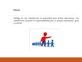 Liberal:
Delega en sus subalternos la autoridad para tomar decisiones. Los
subalternos asumen la responsabilidad por su propia motivación guía
y control.
 