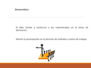 Democrático:
El líder tiende a involucrar a los subordinados en la toma de
decisiones.
Alienta la participación en la decisión de métodos y metas de trabajo.
 