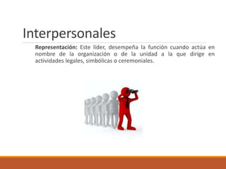 Interpersonales
Representación: Este líder, desempeña la función cuando actúa en
nombre de la organización o de la unidad a la que dirige en
actividades legales, simbólicas o ceremoniales.
 