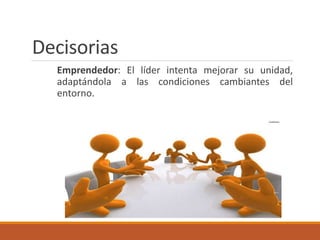 Decisorias
Emprendedor: El líder intenta mejorar su unidad,
adaptándola a las condiciones cambiantes del
entorno.
 