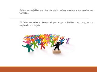 Existe un objetivo común, sin éste no hay equipo y sin equipo no
hay líder.
El líder se coloca frente al grupo para facilitar su progreso e
inspirarlo a cumplir.
 