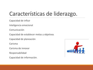 Características de liderazgo.
Capacidad de influir
Inteligencia emocional
Comunicación
Capacidad de establecer metas y objetivos
Capacidad de planeación
Carisma
Carisma de innovar
Responsabilidad
Capacidad de información.
 