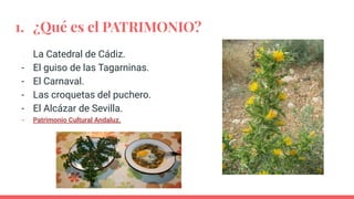 1. ¿Qué es el PATRIMONIO?
- La Catedral de Cádiz.
- El guiso de las Tagarninas.
- El Carnaval.
- Las croquetas del puchero.
- El Alcázar de Sevilla.
- Patrimonio Cultural Andaluz.
 