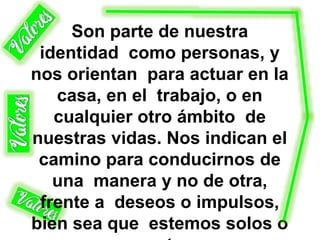 Son parte de nuestra
identidad como personas, y
nos orientan para actuar en la
casa, en el trabajo, o en
cualquier otro ámbito de
nuestras vidas. Nos indican el
camino para conducirnos de
una manera y no de otra,
frente a deseos o impulsos,
bien sea que estemos solos o
 