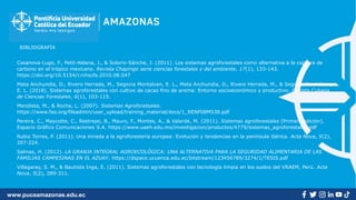 www.puceamazonas.edu.ec
Casanova-Lugo, F., Petit-Aldana, J., & Solorio-Sánche, J. (2011). Los sistemas agroforestales como alternativa a la captura de
carbono en el trópico mexicano. Revista Chapingo serie ciencias forestales y del ambiente, 17(1), 133-143.
https://doi.org/10.5154/r.rchscfa.2010.08.047
Mata Anchundia, D., Rivero Herrada, M., Segovia Montalvan, E. L., Mata Anchundia, D., Rivero Herrada, M., & Segovia Montalvan,
E. L. (2018). Sistemas agroforestales con cultivo de cacao fino de aroma: Entorno socioeconómico y productivo. Revista Cubana
de Ciencias Forestales, 6(1), 103-115.
Mendieta, M., & Rocha, L. (2007). Sistemas Agroforetsales.
https://www.fao.org/fileadmin/user_upload/training_material/docs/1_RENF08M538.pdf
Pereira, C., Maycotte, C., Restrepo, B., Mauro, F., Montes, A., & Valarde, M. (2011). Sistemas agroforestales (Primera edición).
Espacio Gráfico Comunicaciones S.A. https://www.uaeh.edu.mx/investigacion/productos/4779/sistemas_agroforestales.pdf
Rubio Torres, P. (2011). Una mirada a la agroforestería europea: Evolución y tendencias en la península ibérica. Acta Nova, 5(2),
207-224.
Salinas, H. (2012). LA GRANJA INTEGRAL AGROECOLÓGICA: UNA ALTERNATIVA PARA LA SEGURIDAD ALIMENTARIA DE LAS
FAMILIAS CAMPESINAS EN EL AZUAY. https://dspace.ucuenca.edu.ec/bitstream/123456789/3274/1/TESIS.pdf
Villagaray, S. M., & Bautista Inga, E. (2011). Sistemas agroforestales con tecnología limpia en los suelos del VRAEM, Perú. Acta
Nova, 5(2), 289-311.
BIBLIOGRAFÍA
 