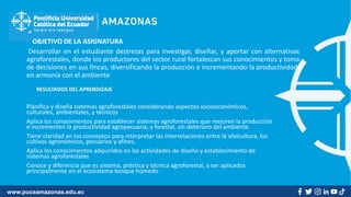 www.puceamazonas.edu.ec
´OBJETIVO DE LA ASIGNATURA
Desarrollar en el estudiante destrezas para investigar, diseñar, y aportar con alternativas
agroforestales, donde los productores del sector rural fortalezcan sus conocimientos y toma
de decisiones en sus fincas, diversificando la producción e incrementando la productividad,
en armonía con el ambiente
RESULTADOS DEL APRENDIZAJE
Planifica y diseña sistemas agroforestales considerando aspectos socioeconómicos,
culturales, ambientales, y técnicos
Aplica los conocimientos para establecer sistemas agroforestales que mejoren la producción
e incrementen la productividad agropecuaria, y forestal, sin deterioro del ambiente.
Tiene claridad en los conceptos para interpretar las interrelaciones entre la silvicultura, los
cultivos agronómicos, pecuarios y afines.
Aplica los conocimientos adquiridos en las actividades de diseño y establecimiento de
sistemas agroforestales
Conoce y diferencia que es sistema, práctica y técnica agroforestal, a ser aplicados
principalmente en el ecosistema bosque húmedo
 