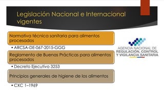 Legislación Nacional e Internacional
vigentes
Normativa técnica sanitaria para alimentos
procesados
•ARCSA-DE-067-2015-GGG
Reglamento de Buenas Prácticas para alimentos
procesados
•Decreto Ejecutivo 3253
Principios generales de higiene de los alimentos
•CXC 1–1969
 