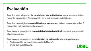 Evaluación
Para los que eligieron la modalidad de actividades, esta semana deben
hacer lo siguiente: - Participación en la primera parte del Foro 1.
Para los que eligieron modalidad por exámenes, deben responder a las 5
preguntas del examen de la semana.
Para los que escogieron la modalidad de trabajo final, deben ir preparando
el primer avance.
Para los que escogieron la modalidad de evidencia por competencias:
- Participación en la primera parte del Foro 1.
- Envío del cuestionario
 