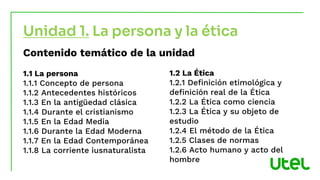 Contenido temático de la unidad
1.1 La persona
1.1.1 Concepto de persona
1.1.2 Antecedentes históricos
1.1.3 En la antigüedad clásica
1.1.4 Durante el cristianismo
1.1.5 En la Edad Media
1.1.6 Durante la Edad Moderna
1.1.7 En la Edad Contemporánea
1.1.8 La corriente iusnaturalista
Unidad 1. La persona y la ética
1.2 La Ética
1.2.1 Definición etimológica y
definición real de la Ética
1.2.2 La Ética como ciencia
1.2.3 La Ética y su objeto de
estudio
1.2.4 El método de la Ética
1.2.5 Clases de normas
1.2.6 Acto humano y acto del
hombre
 