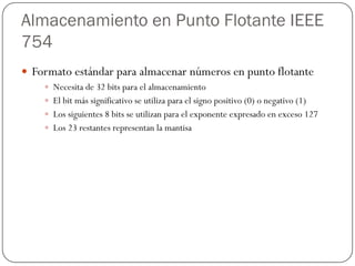 Almacenamiento en Punto Flotante IEEE
754
y Formato estándar para almacenar números en punto flotante
y Necesita de 32 bits para el almacenamiento
y El bit más significativo se utiliza para el signo positivo (0) o negativo (1)
y Los siguientes 8 bits se utilizan para el exponente expresado en exceso 127
y Los 23 restantes representan la mantisa
 