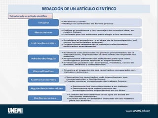 REDACCIÓN DE UN ARTÍCULO CIENTÍFICO
Estructura de un artículo científico
 
